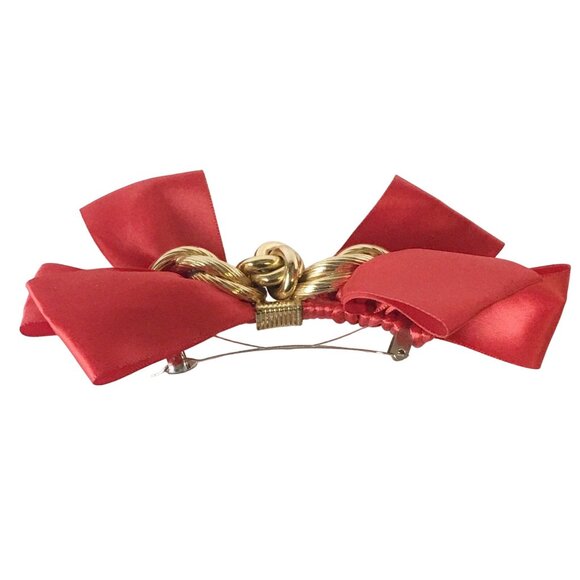 Oversized Red Satin Bow Golden Knot Hair Clip Vintage 80s Accessory Headwear Hea - Picture 5 of 5